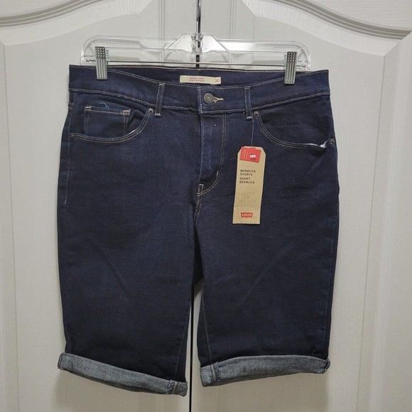 Levi’s Sculpt Women's Bermuda Shorts Denim Blue Dark Wash Rolled Hem Casual W30 - Picture 2 of 9